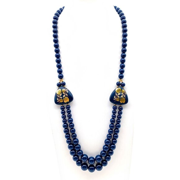 Vintage Japanese Double Strand Beaded Necklace With Floral Drape & Gold Accents - Picture 1 of 5